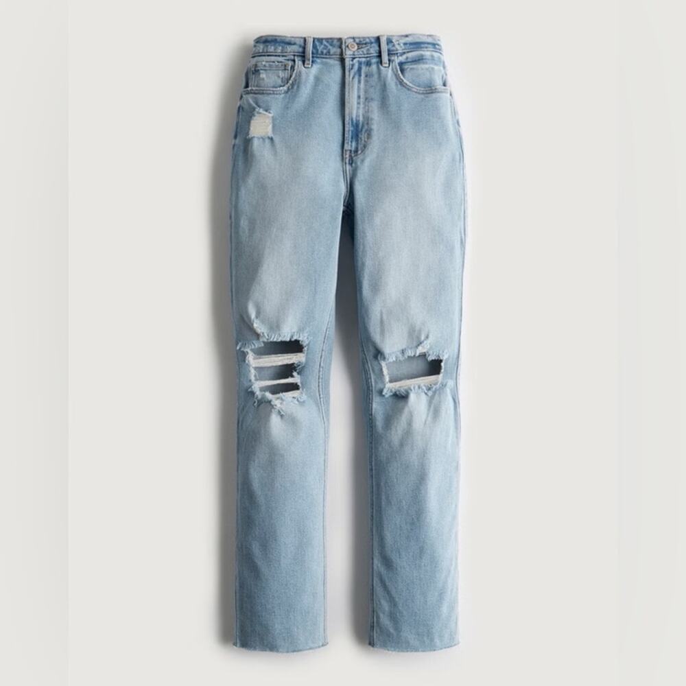 Hollister 90s Straight Jeans Size 7R Light Wash High Rise Ripped